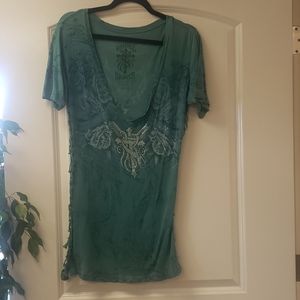 Rebel Saints teal blue vneck